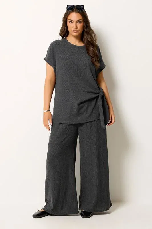 Grey Wide Leg Textured Trousers
