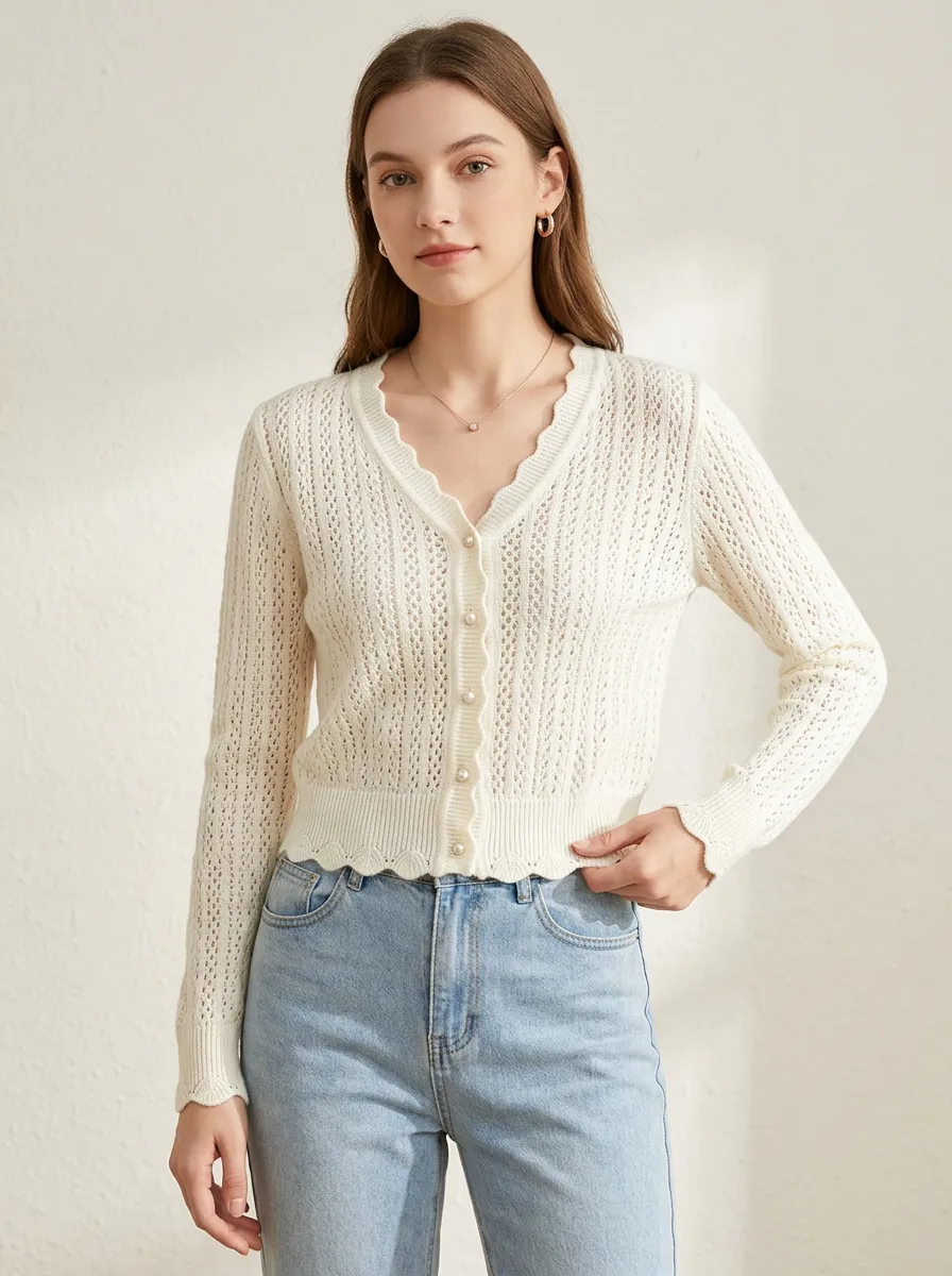 Women's Scalloped Trim Pearl Button Crochet Knit Cardigan