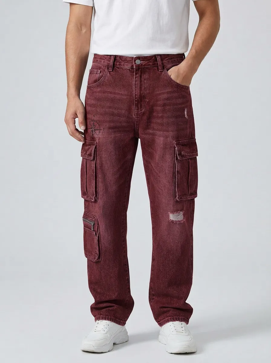 Men's Adventure Compass Printed Distressed Denim Cargo Jeans