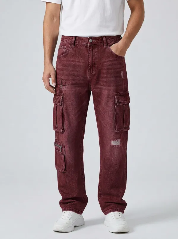 Men's Adventure Compass Printed Distressed Denim Cargo Jeans