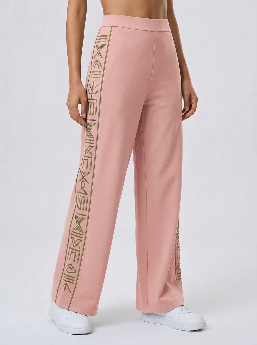 Women's Sage Green Embroidered Side-Stripe Wide-Leg Trousers Sweatpants