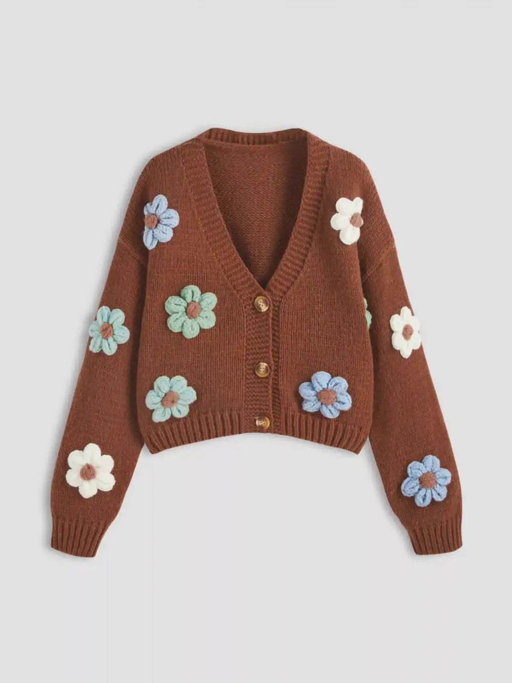 Floral Applique V-Neck Knit Cardigan