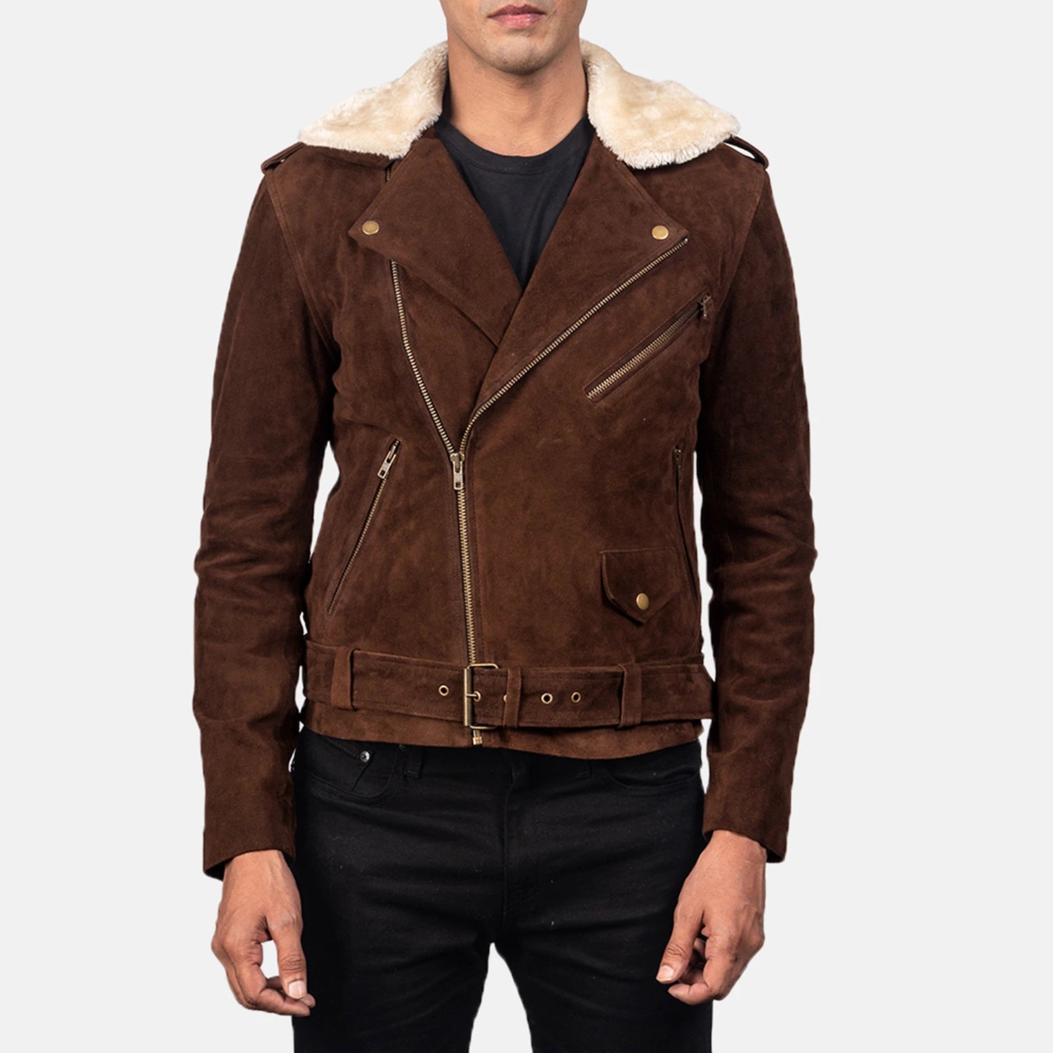 Men's Biker Suede Fur Trim Jacket