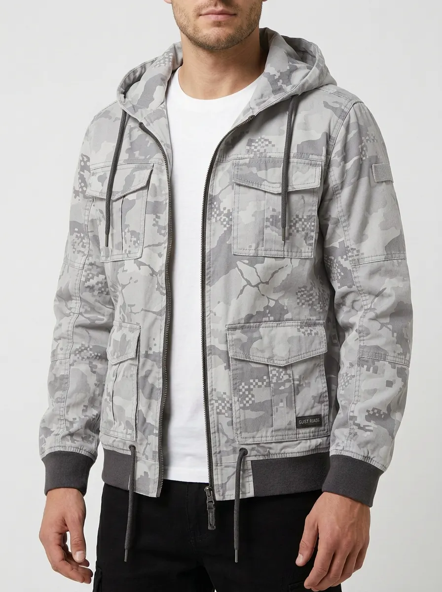 Men's Pixel Camo Hooded Utility Jacket