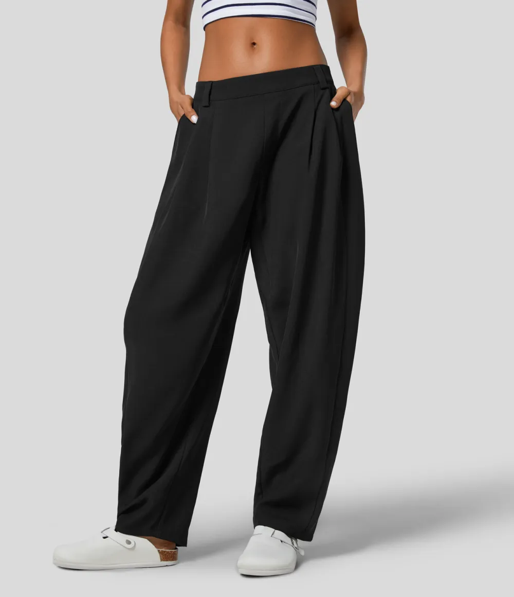 Mid Rise Plicated Side Pocket Barrel Leg Work Pants