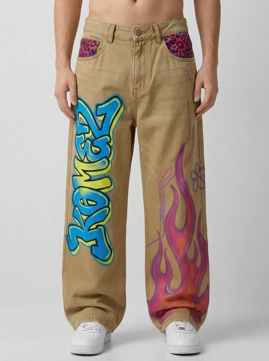 Men's Streetwear Graffiti Flame Leopard Print Printed Jeans
