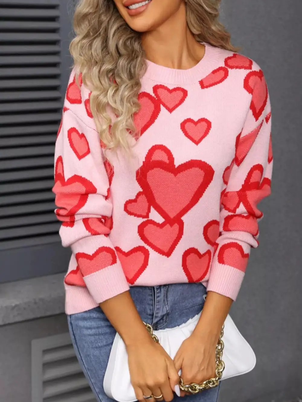 Textured Valentine's Day Heart Crew Neck Sweater