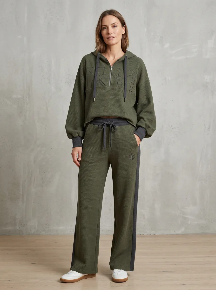 Women's Olive Waffle Knit Geometric Logo Printed Hooded Tracksuit