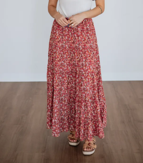 Refined Floral Print Tiered Ruffled Midi Skirt