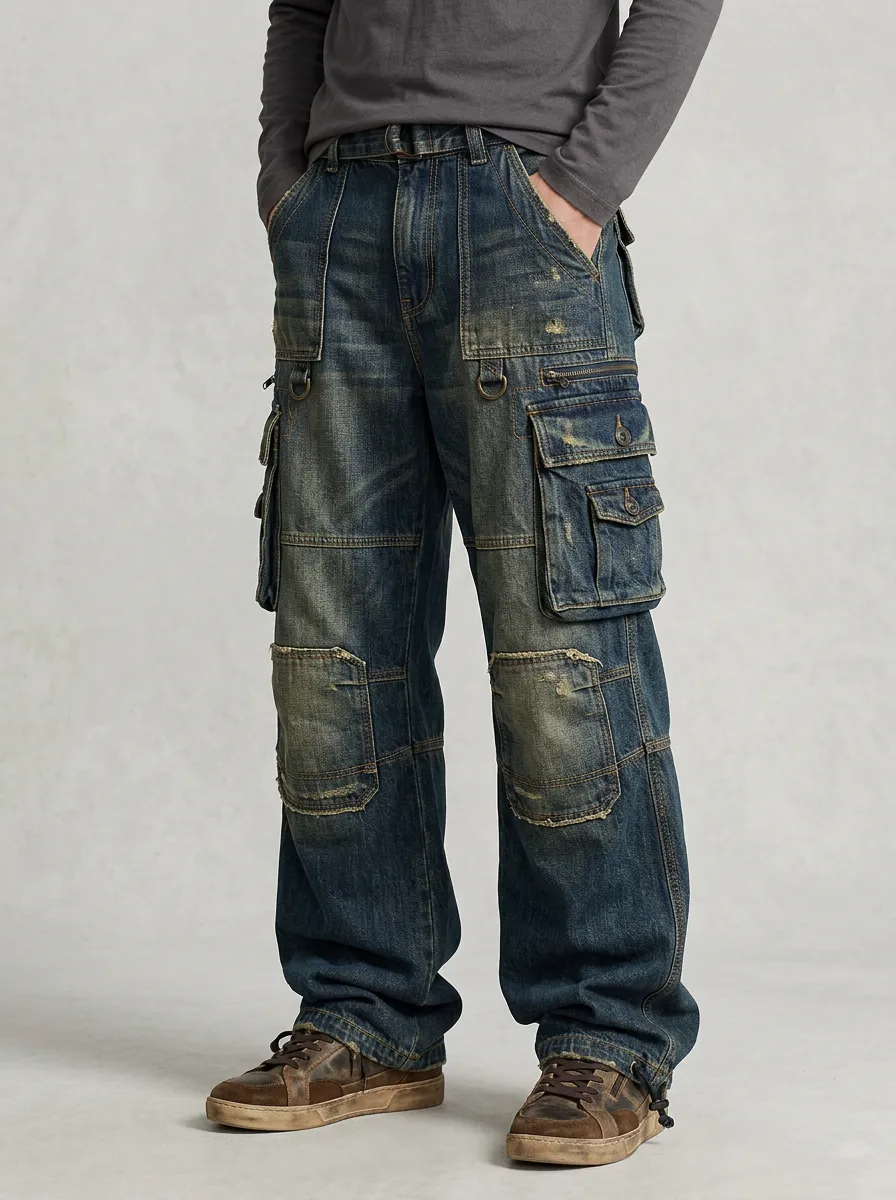 Men's Vintage Distressed Multi-Pocket Cargo Denim Jeans
