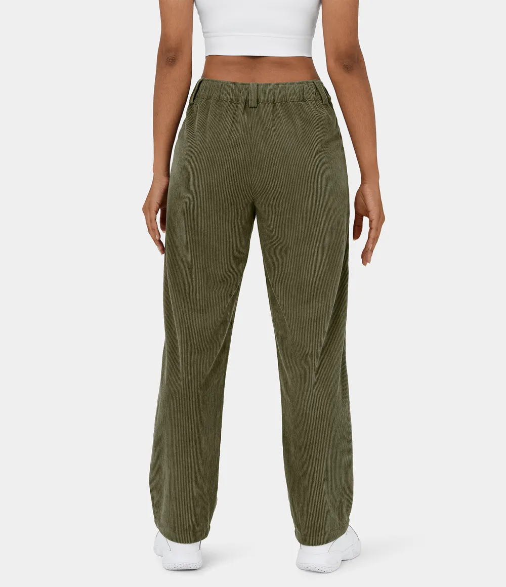 Mid Rise Button Zipper Side Pocket Corduroy Casual Pants