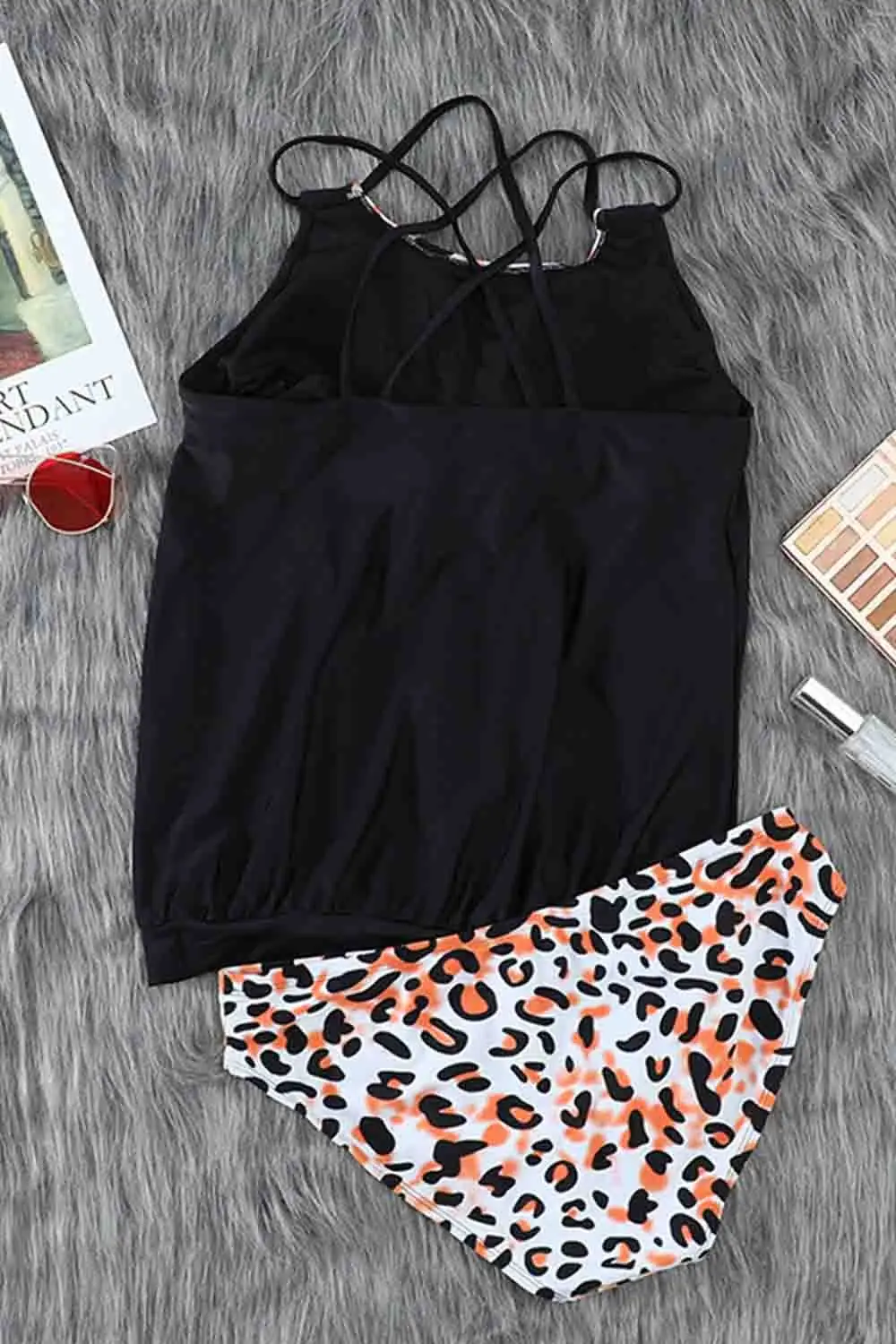 Leopard Print Criss Cross Hollow-out Tankini Swimwear