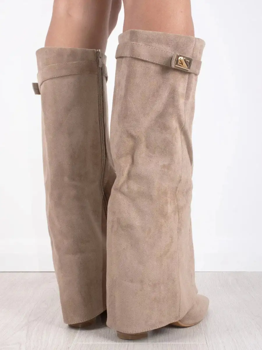 Knee Tall Boots Wide Flare Top Block Heel