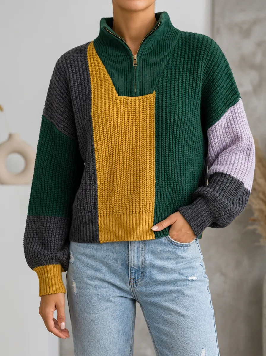 Patterned Meets Soft Knit in a Quarter Zip Knitted Top