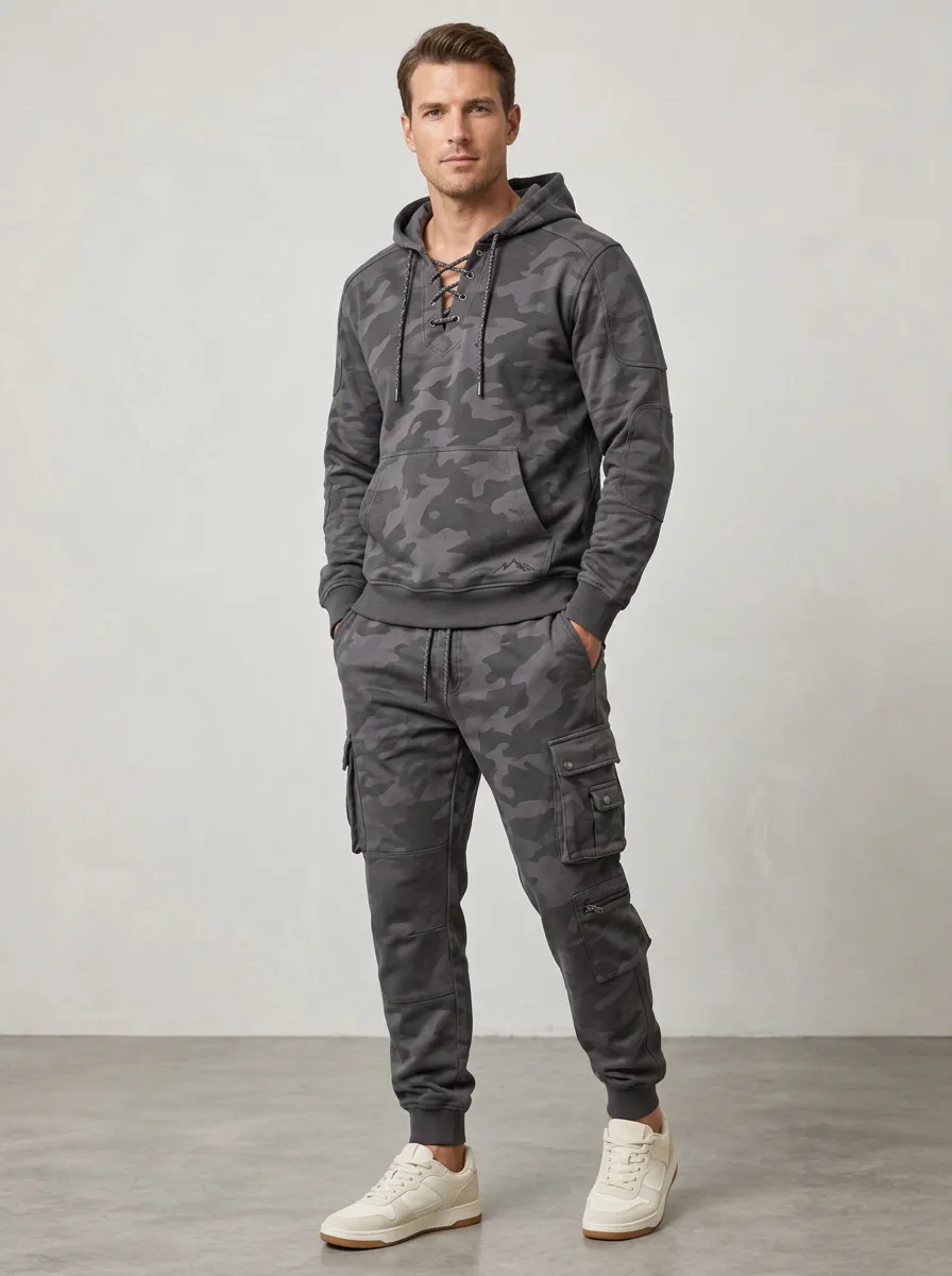 Streamlined Camo Lace-Up Daily Wear Men's Lace Up Hoodie And Cargo Jogger Set