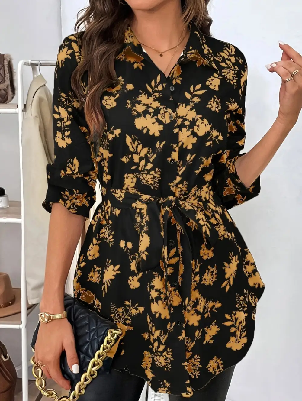 Floral Belted Long Sleeve Shirt