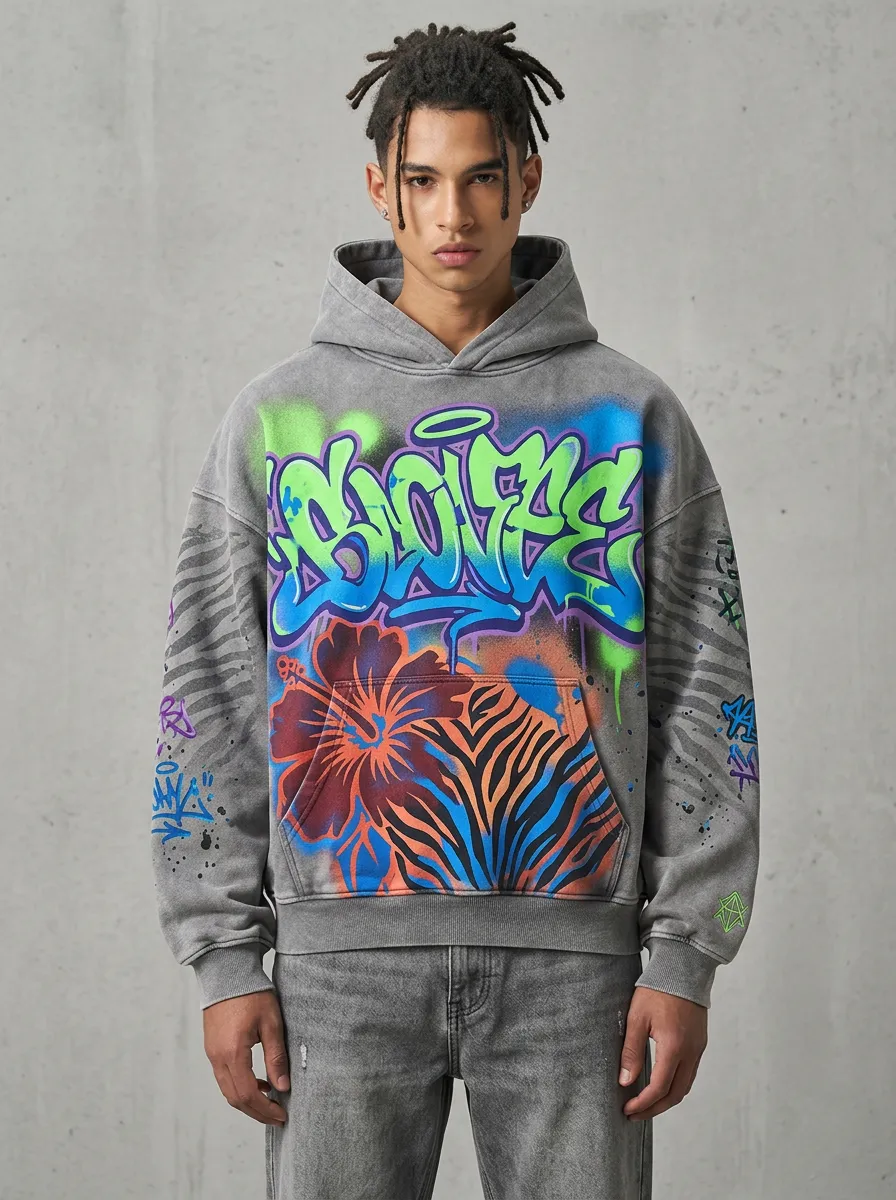 Unisex Streetwear Graffiti Hibiscus Zebra Graphic Hoodie