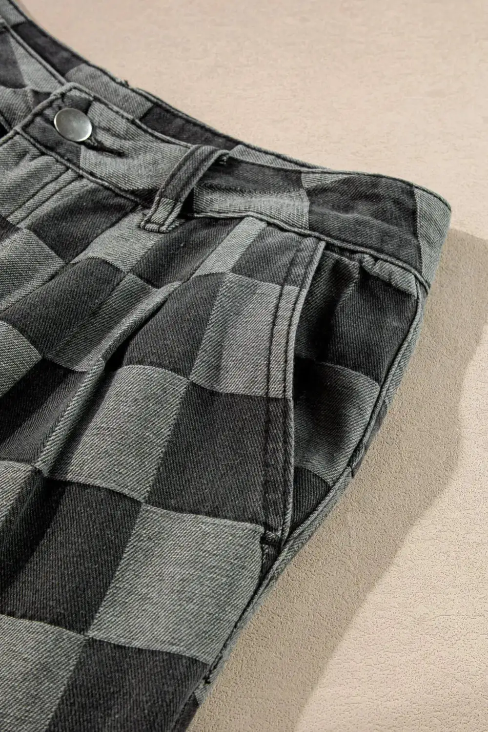Plaid Relaxed Fit Wide Leg Pocketed Casual Jeans