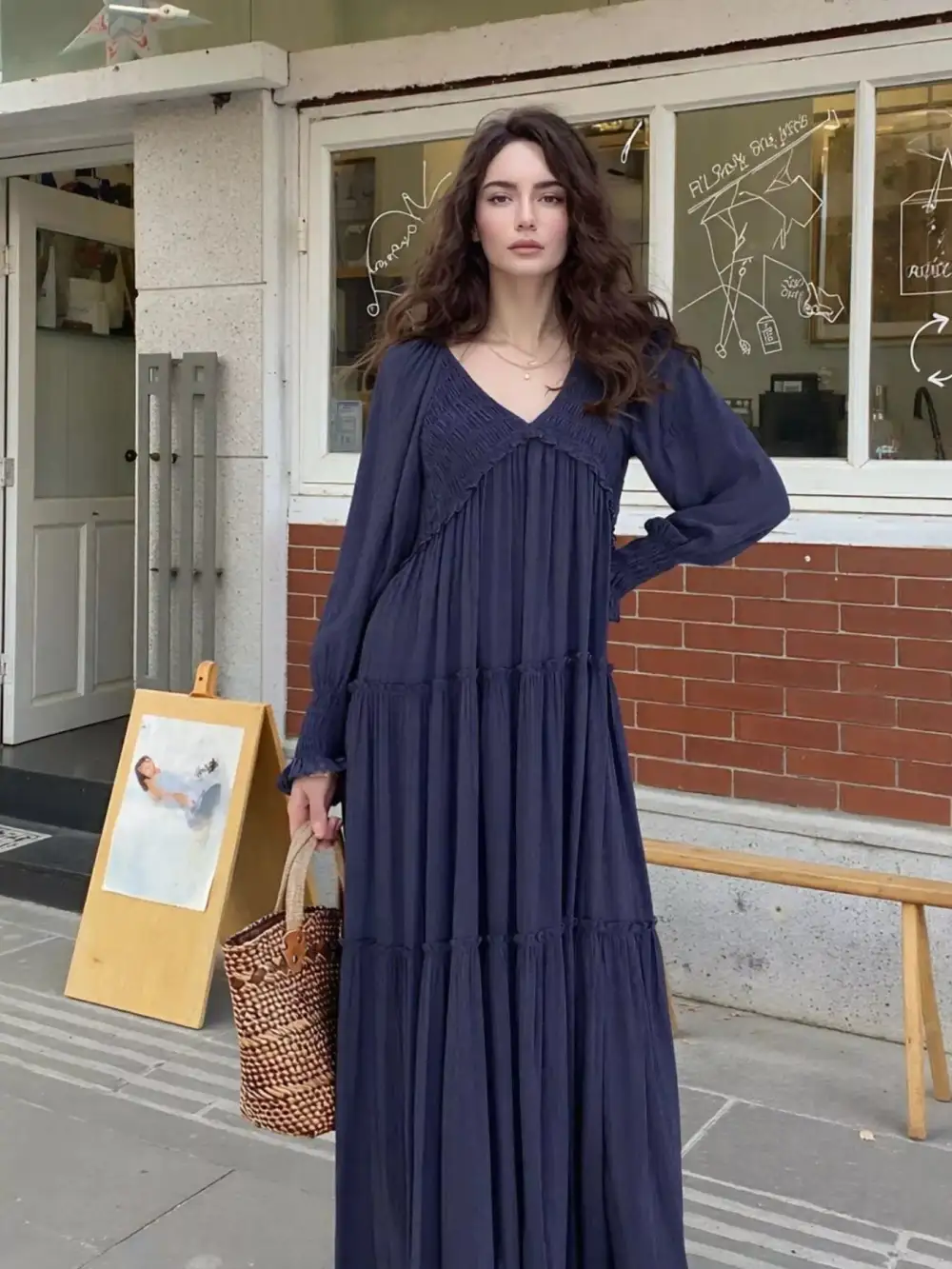 V Neck Tiered Long Sleeve Maxi Dress
