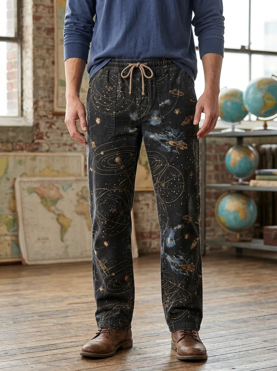 Men's Relaxed-Fit Celestial Print Drawstring Trousers