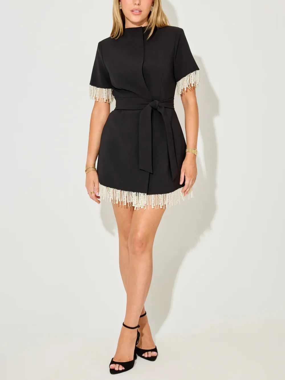 Pearl Trim Wrap Elegant Mini Dress
