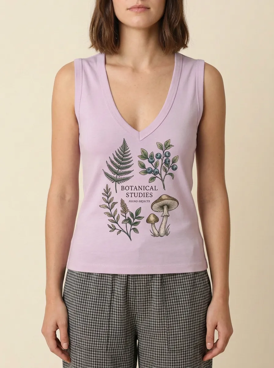 Women's Nature Botanical Studies Mushroom Fern Graphic Tank Top