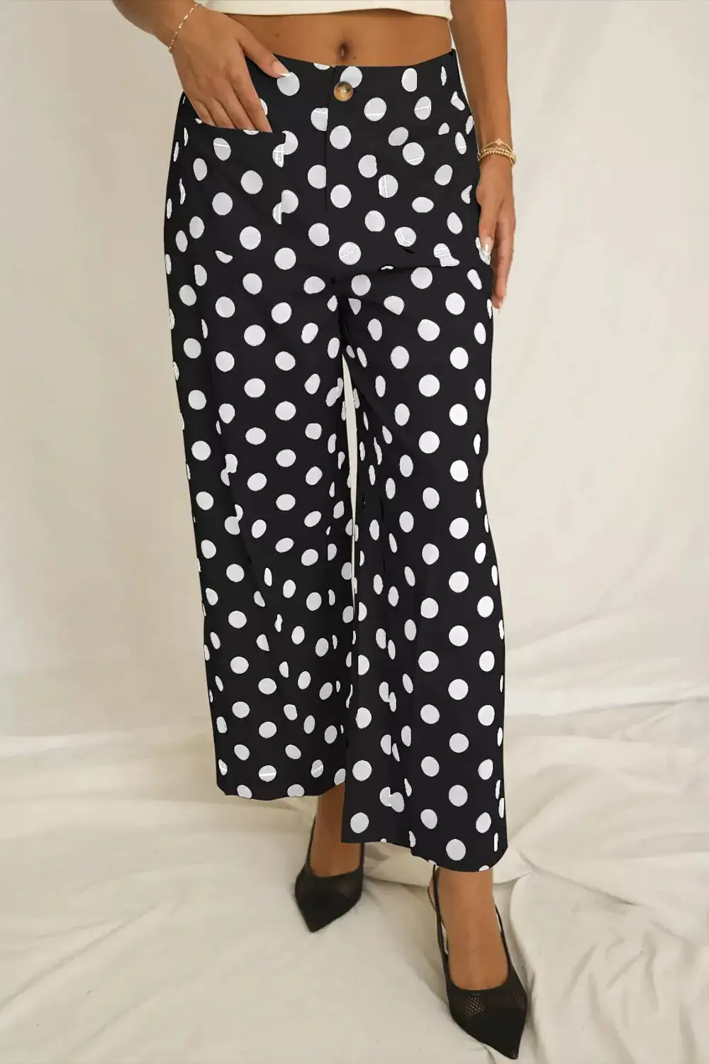 Classic Polka Dot Print Patched Pocket Mid Rise Straight Leg Pants