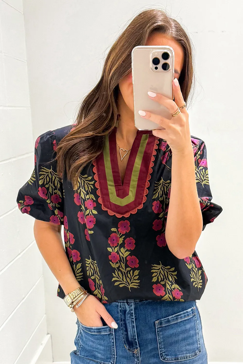 Black Floral Short Bubble Sleeve Blouse