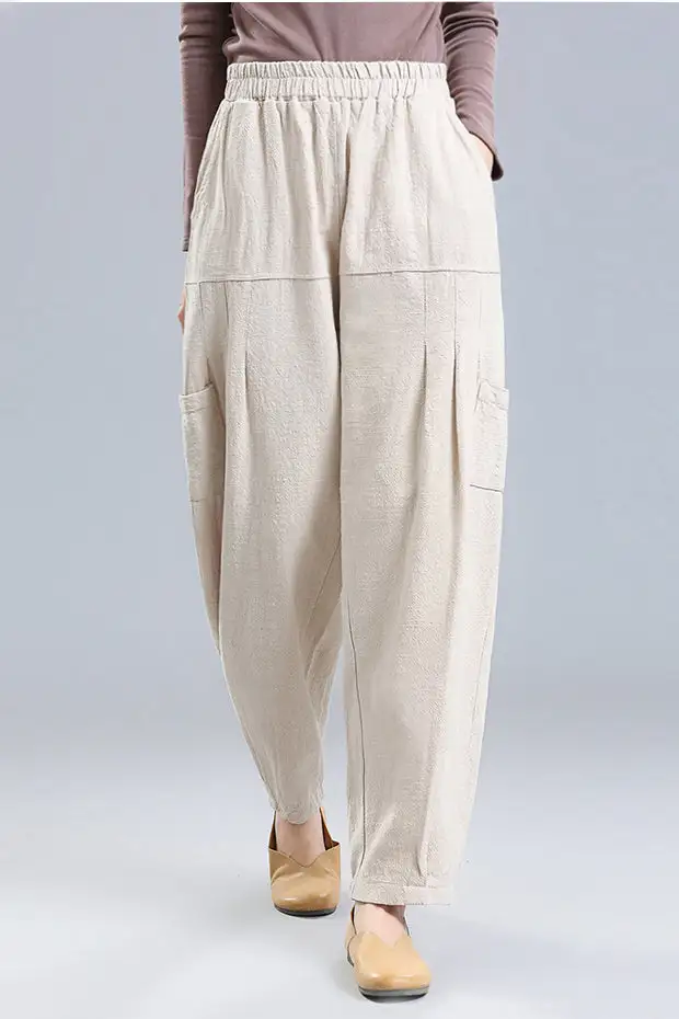 Versatile Linen Cotton Wide Leg Elastic Waist Pocketed Trousers