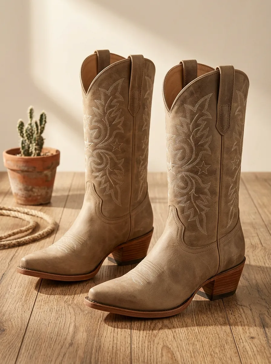 Unisex Western Cowboy Star Embroidered Stitched Leather Boots