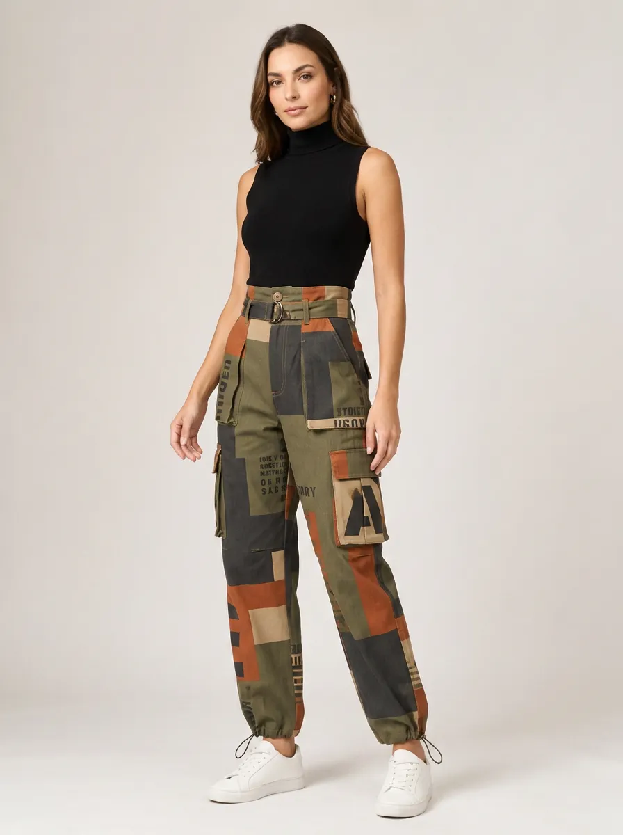 Women's Streetwear Camo Patchwork Letter Printed Cargo Pants