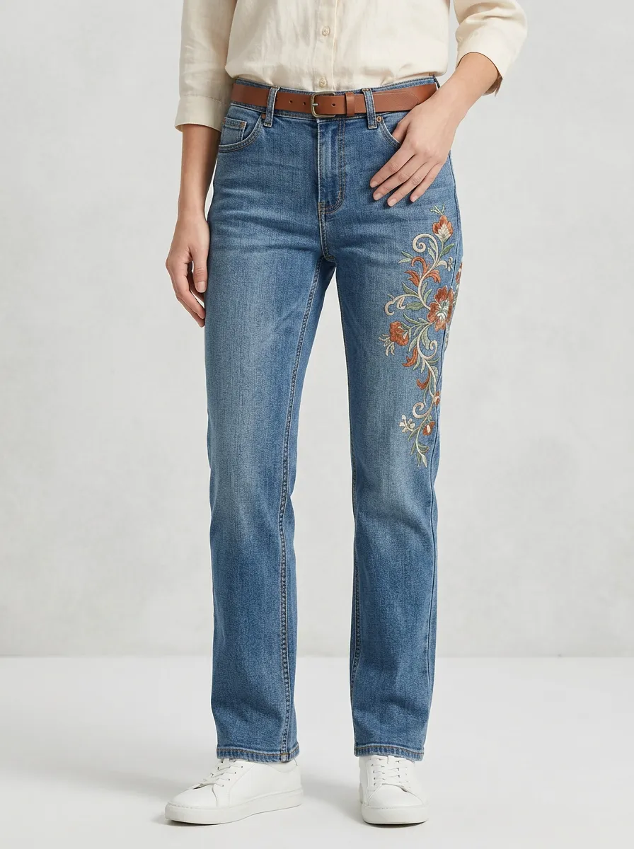 Women's Floral Embroidery Vintage Printed Straight Leg Jeans