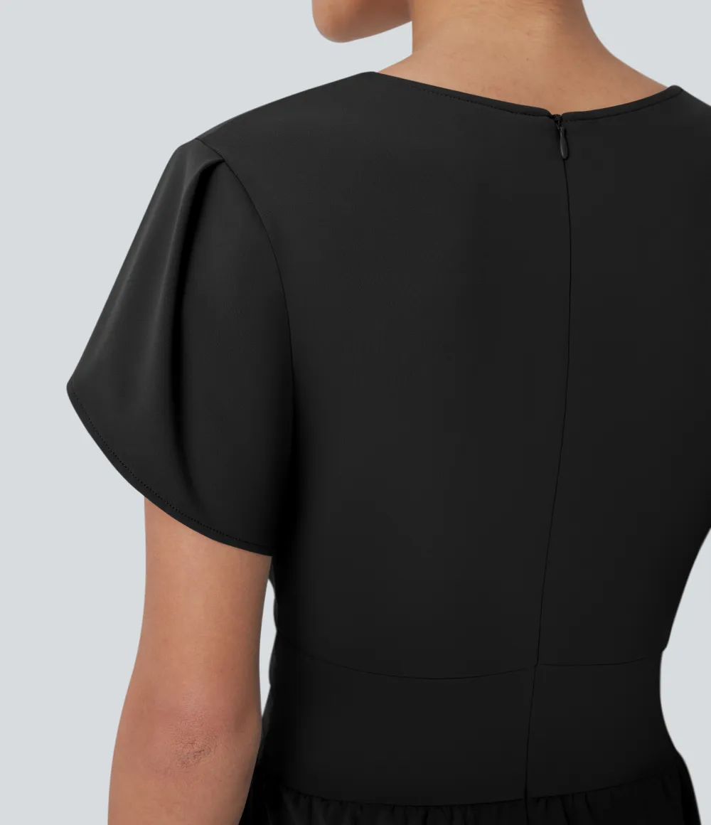 Breezeful V Neck Petal Sleeve Pocket Wide Leg Flowy Quick Dry Work Jumpsuit