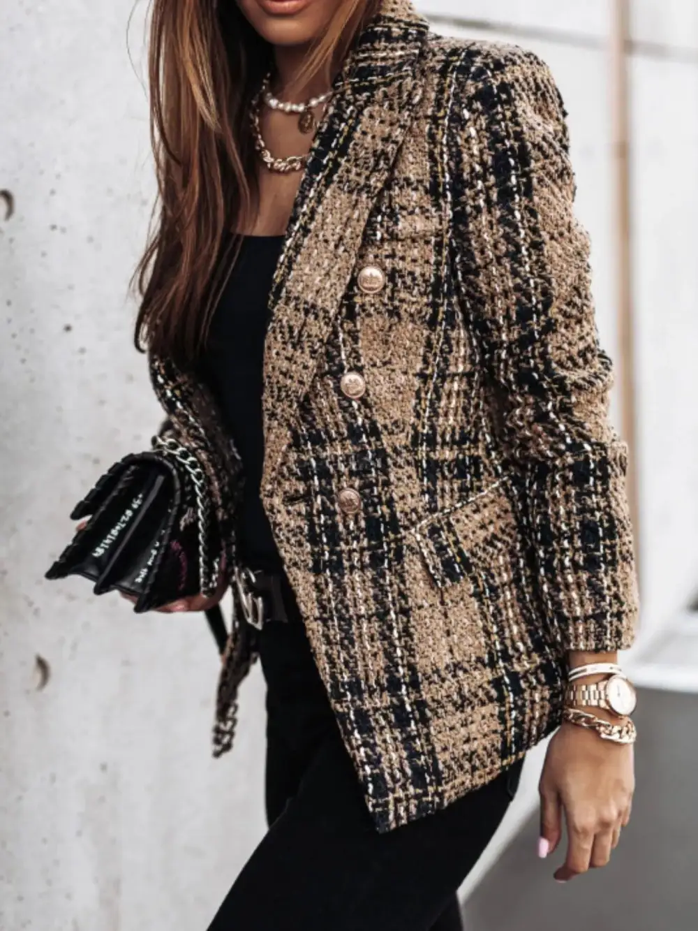 Double-Breasted Plaid Tweed Blazer