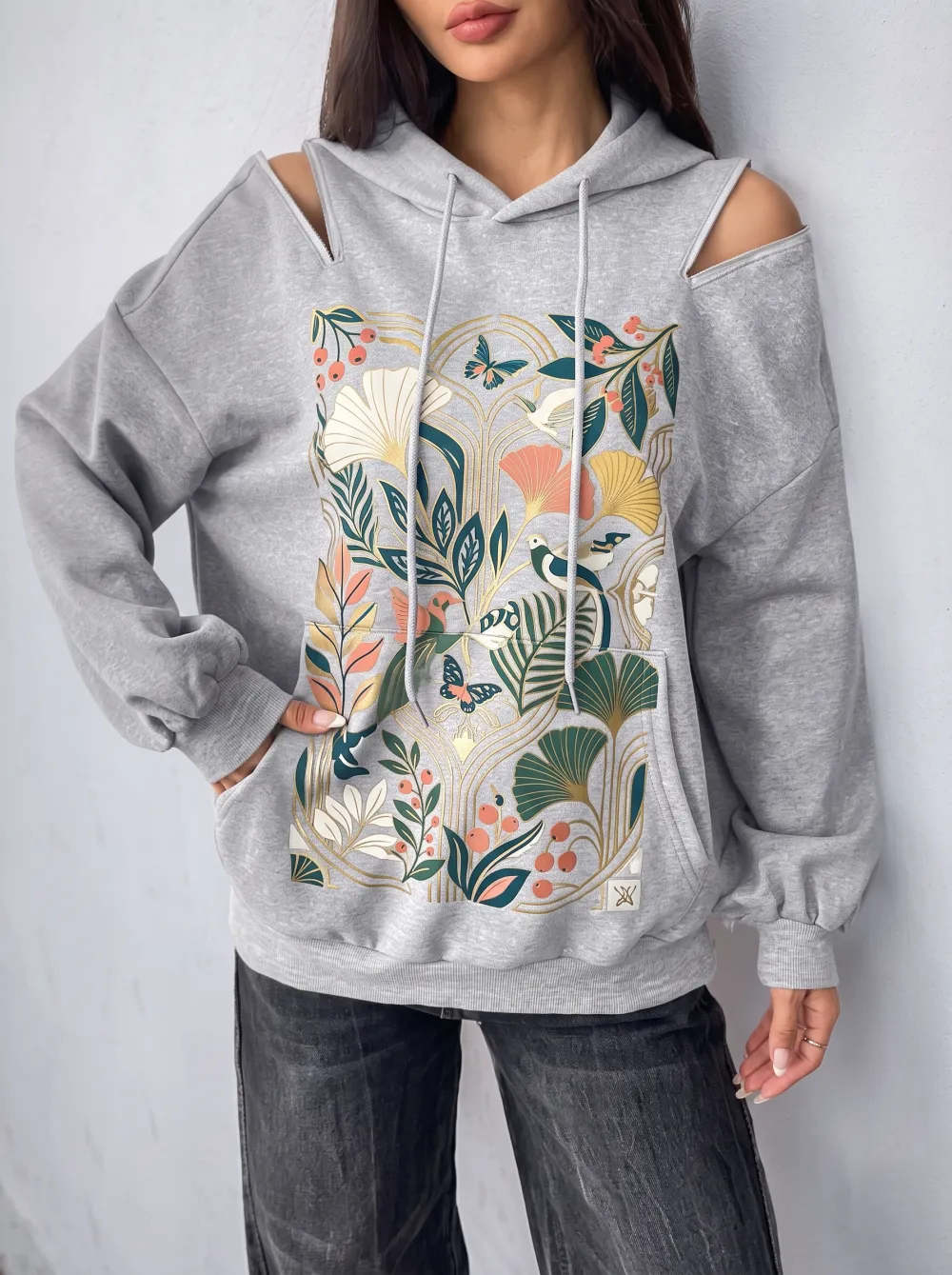 Women's Botanical Butterfly Art Nouveau Printed Cold Shoulder Hoodie