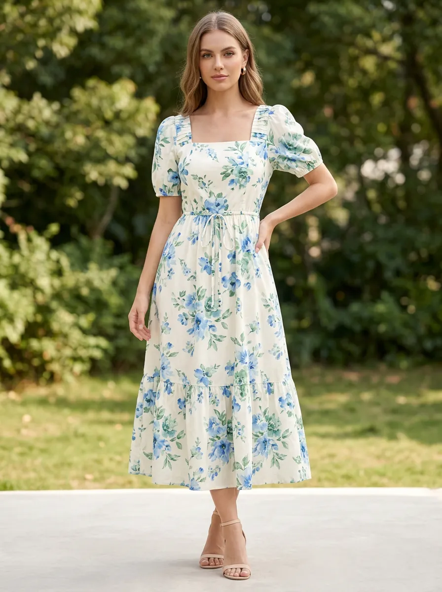 Women's Vintage Inspired Nature Detail Botanical Floral Printed Midi Dress
