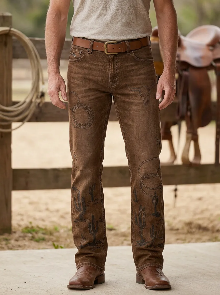 Men's Western Cowboy Cactus Skull Jeans