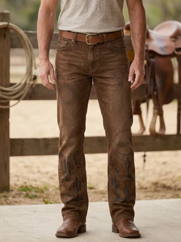 Men's Western Cowboy Cactus Skull Jeans