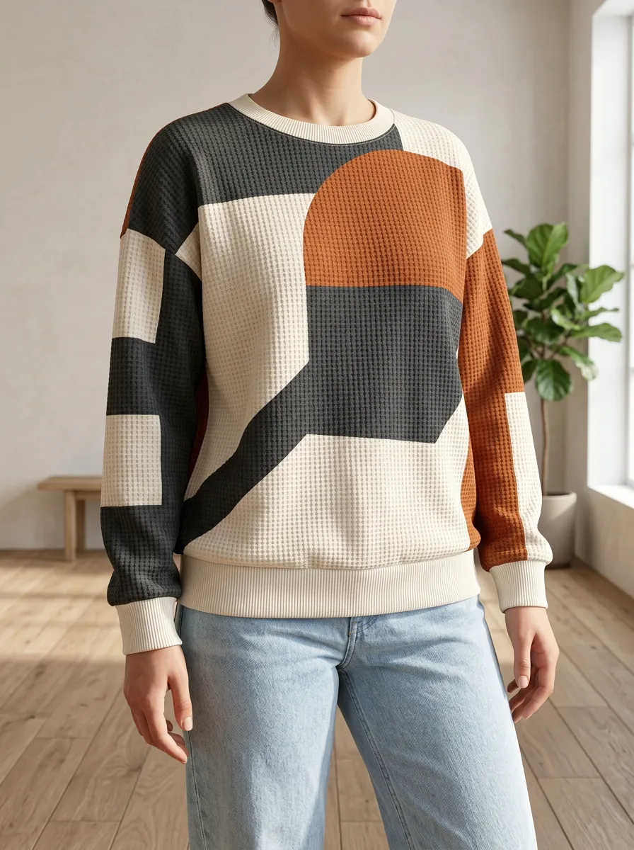 Women's Abstract Geometric Colorblock Graphic Waffle Knit Crewneck Sweatshirt