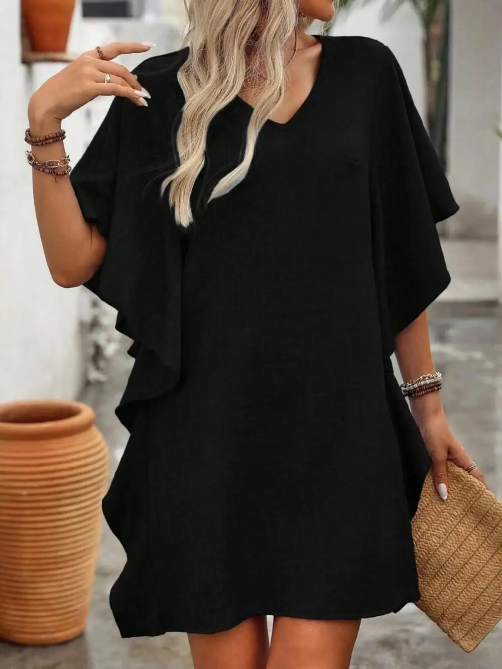 V Neck Ruffle Flutter Sleeve Mini Dress