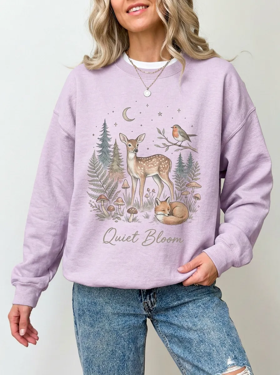 Women's Nature Forest Deer Fox Quiet Bloom Graphic Sweatshirt