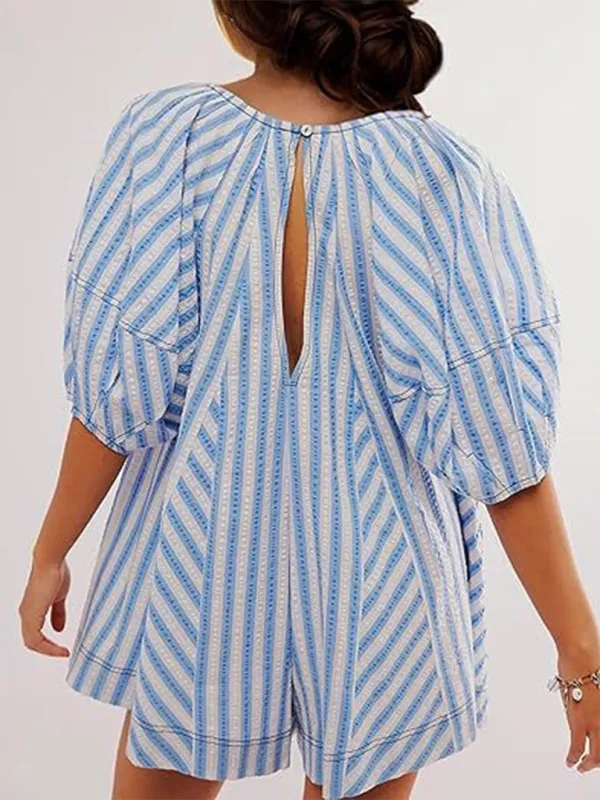 Short Sleeved Striped Jumpsuit Slim Loose Shorts