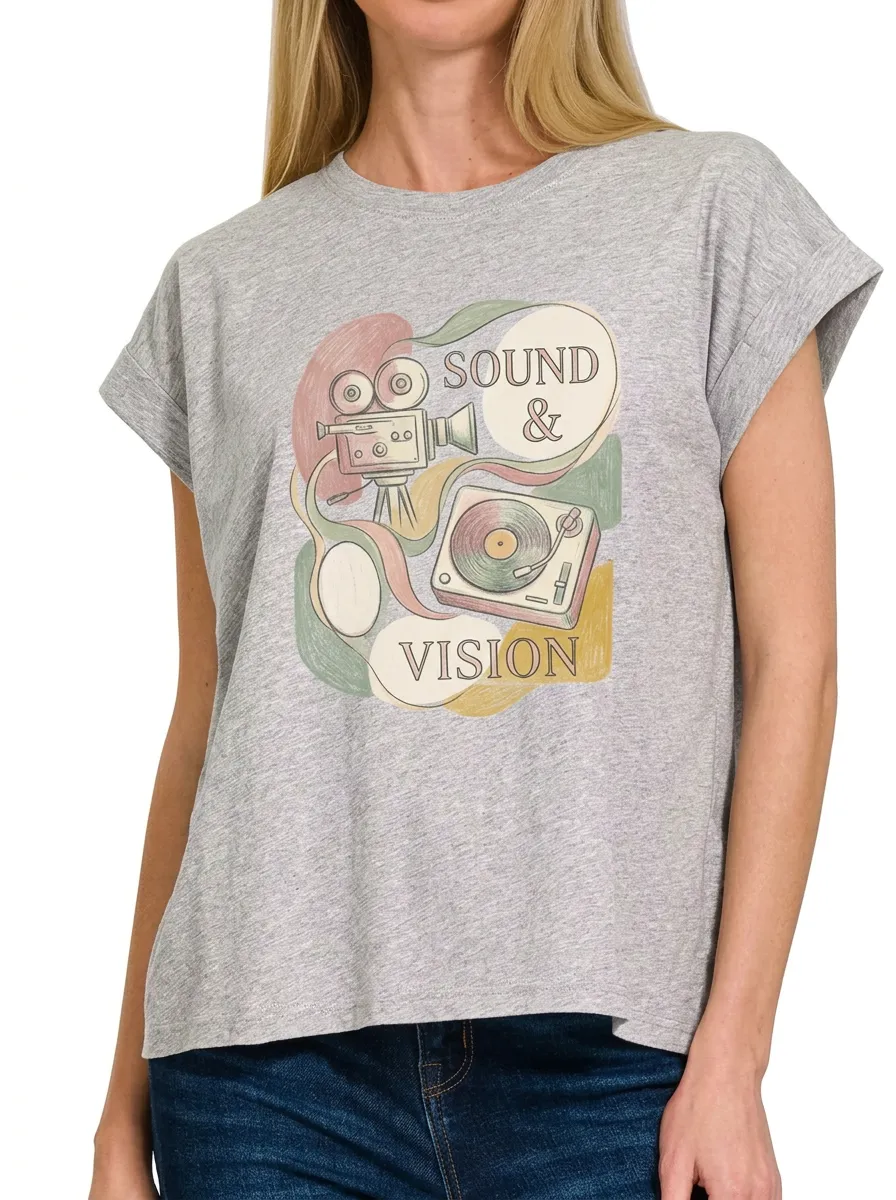 Women's Retro Cinema Music Lover Sound & Vision Printed T-shirt