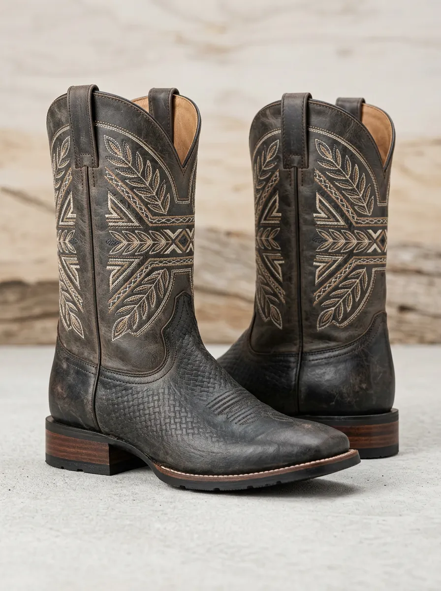 Country Embroidered Leather-Look Heritage Look Men's Western Cowboy Boots