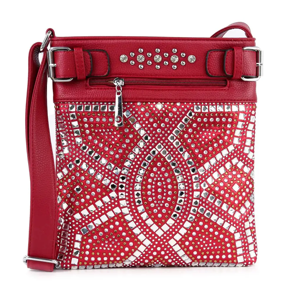 Artful Detail Crystal Accent Pocketed Faux Leather Crossbody Sling Bag