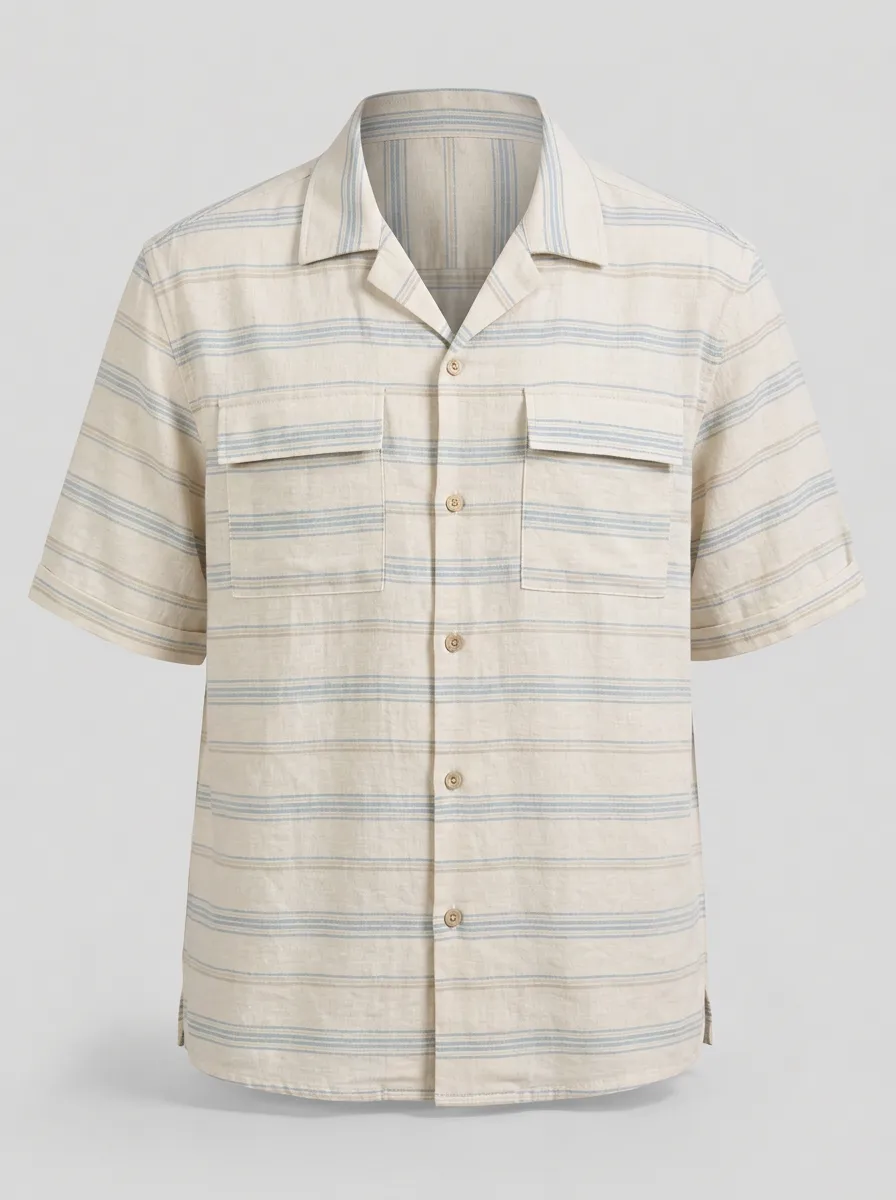Men's Casual Summer Beach Striped Pattern Printed Short Sleeve Shirt