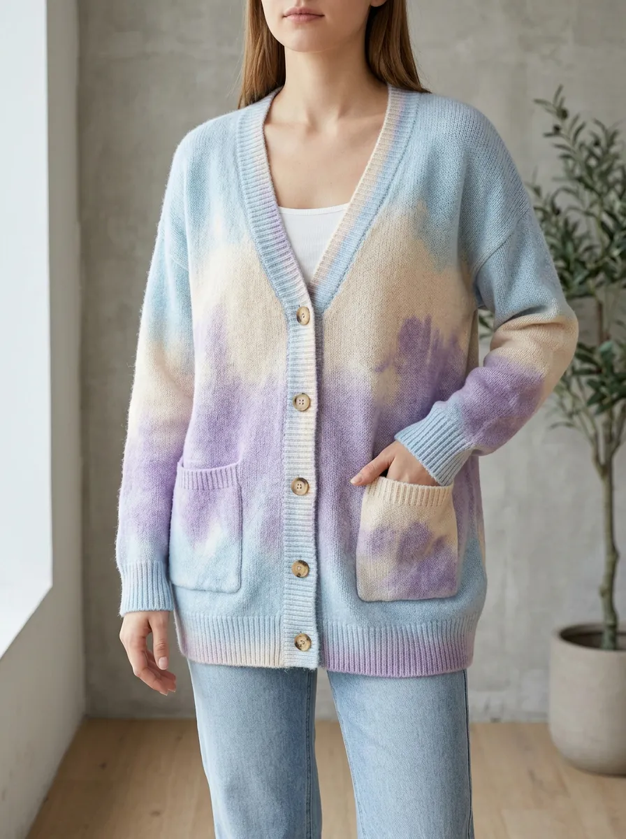 Women's Pastel Tie-Dye Pattern Printed V-Neck Daily Layering Cardigan