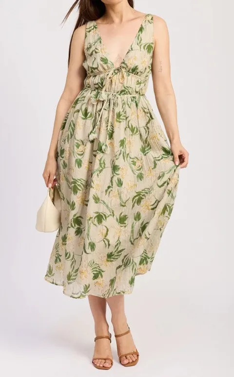 Green Palm Print Flowy Maxi Dress