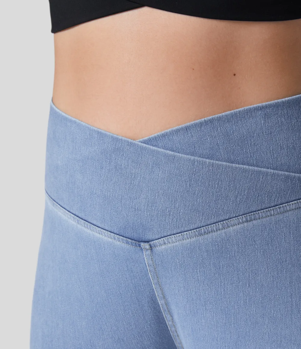 Magic Crossover Side Pocket Washed Stretchy Knit Denim Work Plus Size Leggings