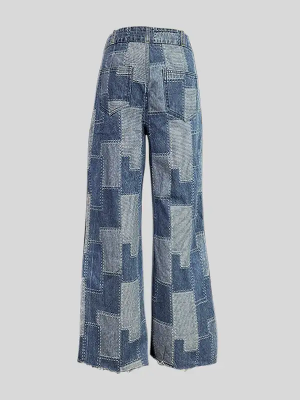 Plaid Relaxed Fit Wide Leg Seamed Button Detail Pocket Jeans